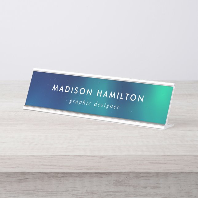 Blue and Green Northern Lights Desk Name Plate (Front)