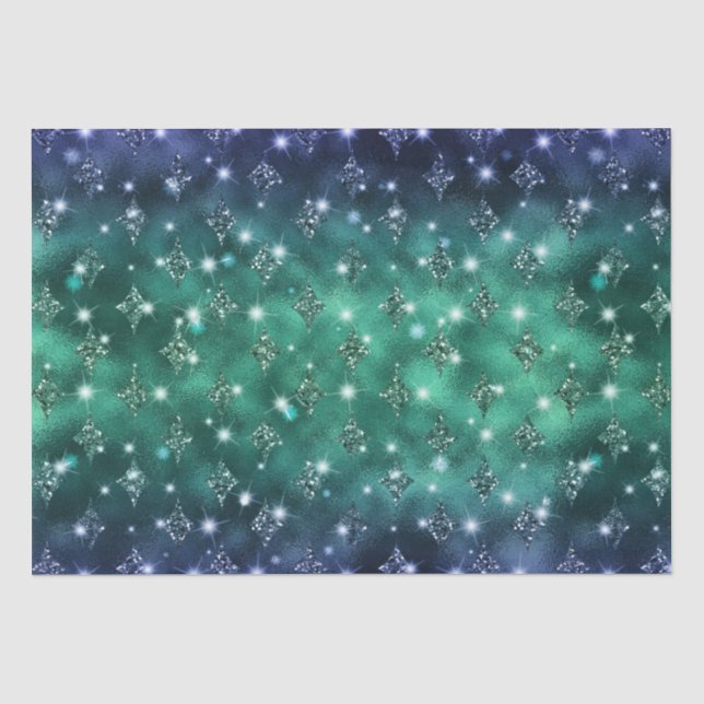 Blue and Green Ombre Glitter Celestial Pattern Tissue Paper (Front)
