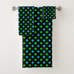 Blue and Green On Black Polka Dots Pattern Bath Towel Set