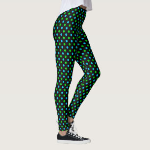 Blue and Green On Black Polka Dots Pattern Leggings