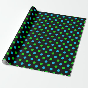 Blue and Green On Black Polka Dots Pattern Wrapping Paper