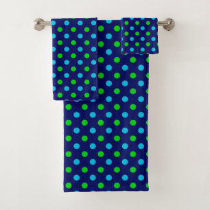 Blue and Green On Navy Blue Polka Dots Pattern Bath Towel Set