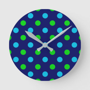 Blue and Green On Navy Blue Polka Dots Pattern Round Clock