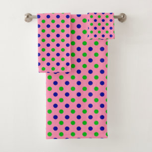Blue and Green On Pink Polka Dots Pattern Bath Towel Set