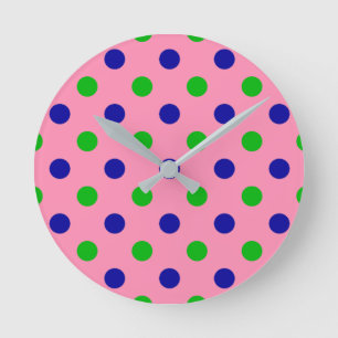Blue and Green On Pink Polka Dots Pattern Round Clock
