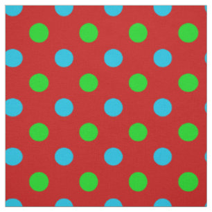 Blue and Green On Red Polka Dots Pattern Fabric