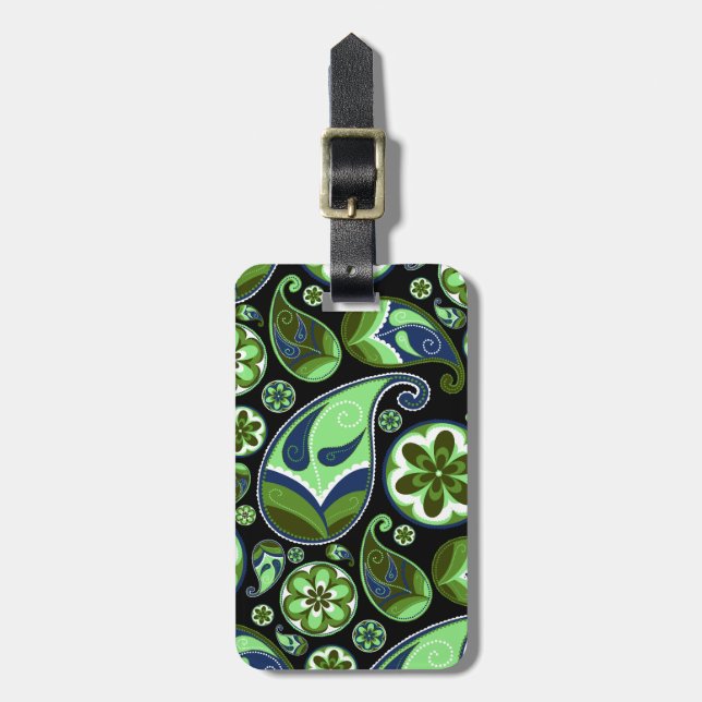 Blue and Green Paisley on Black Luggage Tag (Front Vertical)