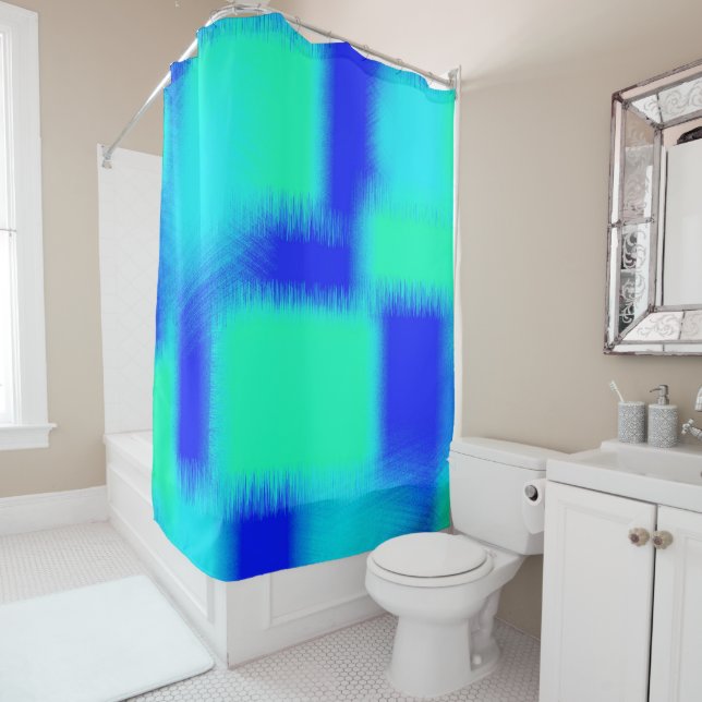 Blue and Green Patchwork Shower Curtain (In Situ)