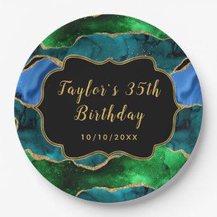 Blue and Green Peacock Agate Birthday Paper Plate