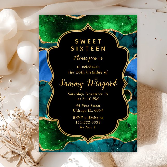 Blue and Green Peacock Agate Sweet Sixteen Invitation (Creator Uploaded)
