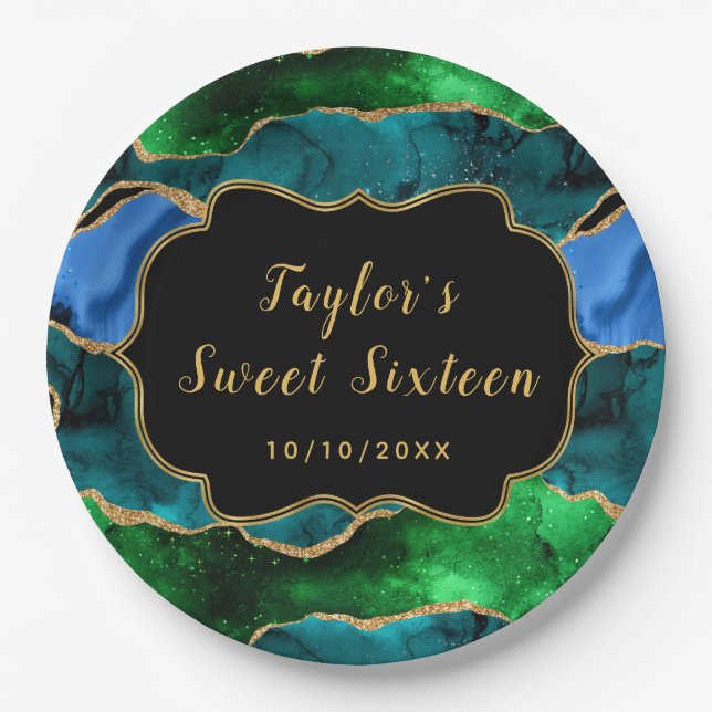 Blue and Green Peacock Agate Sweet Sixteen Paper Plate (Front)