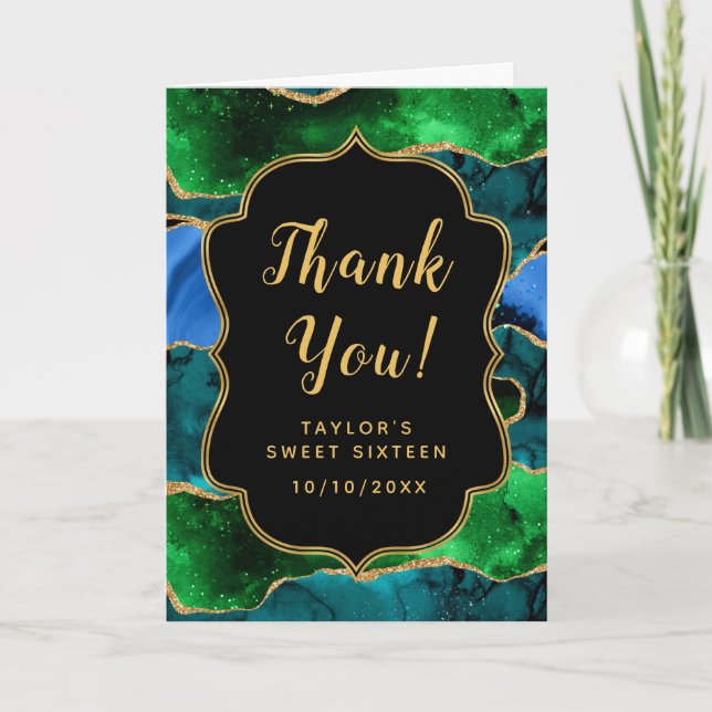 Blue and Green Peacock Agate Sweet Sixteen Thank You Card (Front)
