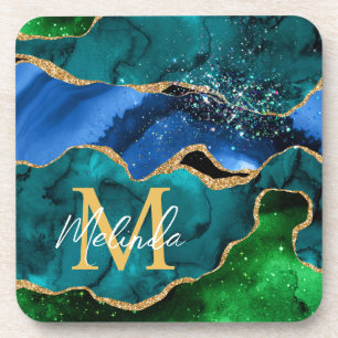 Blue and Green Peacock Faux Glitter Agate Coaster