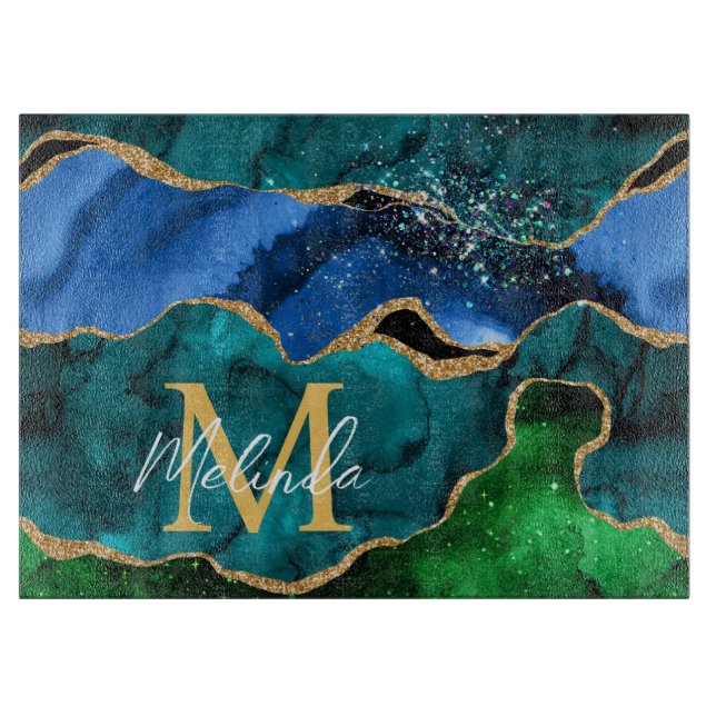 Blue and Green Peacock Faux Glitter Agate Cutting Board (Front)