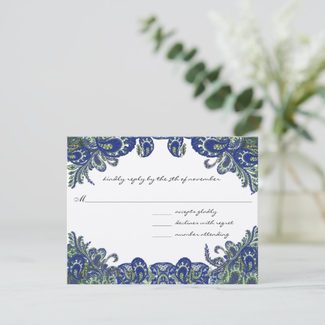 Blue and Green Peacock Wedding RSVP Card (Standing Front)