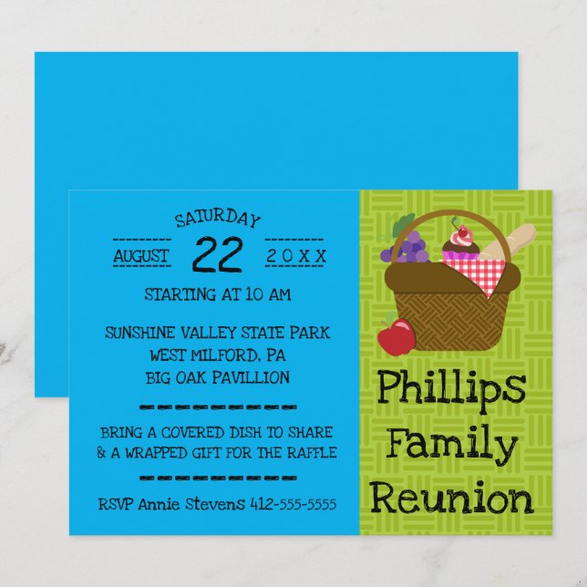 Blue and Green Picnic Basket Family Reunion Invitation (Front/Back)