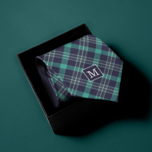 Blue and Green Plaid Pattern Monogrammed Tie