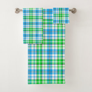Blue and Green Plaid Tartan White Bath Towel Set