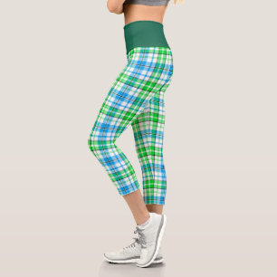 Blue and Green Plaid Tartan White Capri Leggings