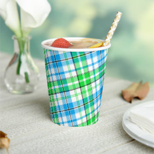 Blue and Green Plaid Tartan White Paper Cups