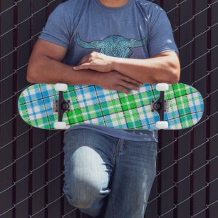 Blue and Green Plaid Tartan White Skateboard