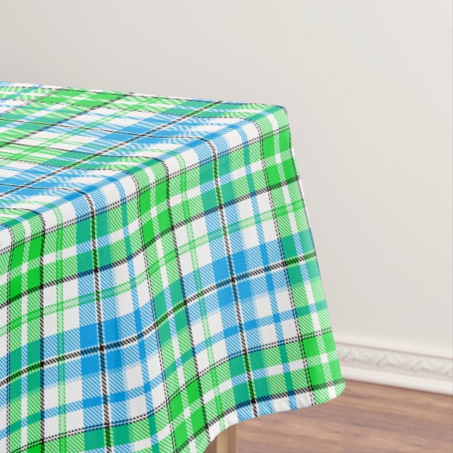 Blue and Green Plaid Tartan White  Tablecloth (In Situ)