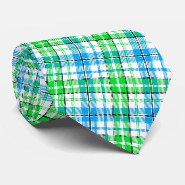 Blue and Green Plaid Tartan White  Tie (Rolled)