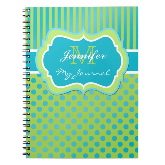 Blue and Green Polka Dot Striped Journal Notebook (Front)