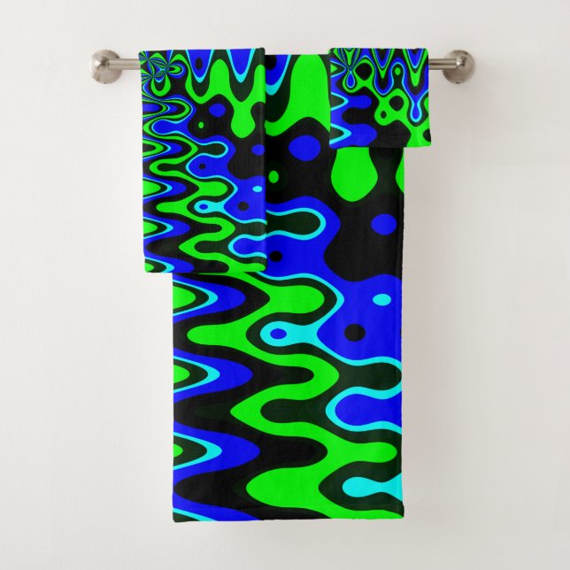 Blue and Green Psychedelic Art Bathroom Towel Set (Insitu)