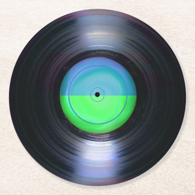 Blue and Green Retro Vinyl Record Round  Paper Coaster (Front)