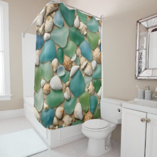 Blue and Green Sea Glass and Seashell Shower Curtain