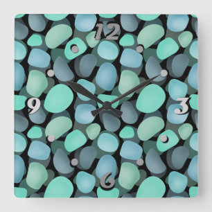 Blue and green sea pebbles square wall clock