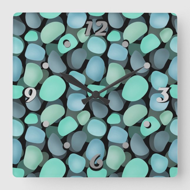Blue and green sea pebbles square wall clock (Front)