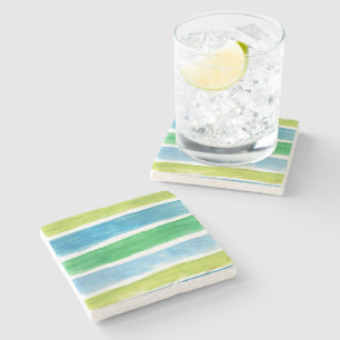 Blue and Green Sea Stripes Watercolor Stone Coaster