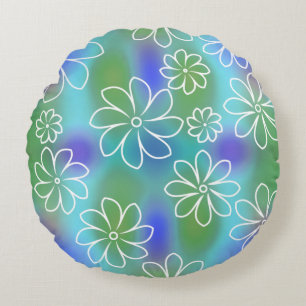 Blue and Green Seamless Floral Pattern Throw Pill Round Cushion