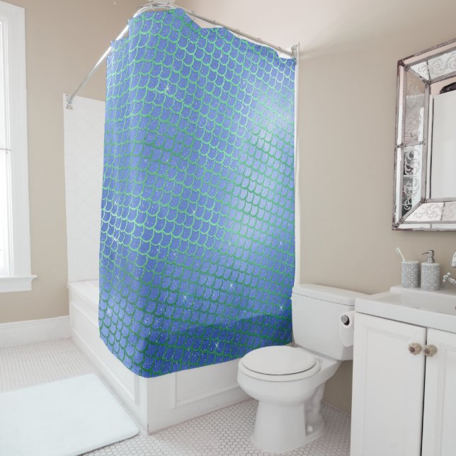 Blue and Green Sparkle Mermaid Scales Pattern Shower Curtain (In Situ)