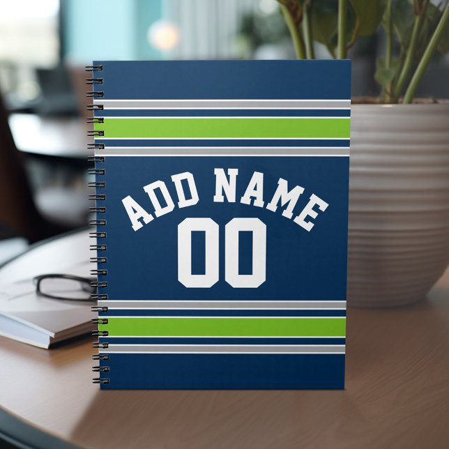 Blue and Green Sports Jersey Custom Name Number Notebook (Personalized notebook with Sports Jersey Football Design - Custom Name and Other Text)