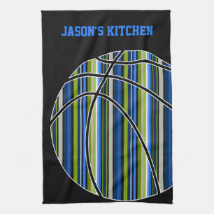 Blue and Green Striped Basketball Design on Black Tea Towel