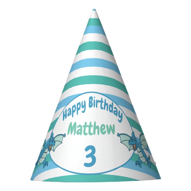 Blue and Green Stripes and Dragon Dinosaurs Party Hat (Front)