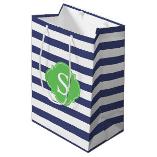 Blue and Green Stripes Pattern and Monogram Medium Gift Bag
