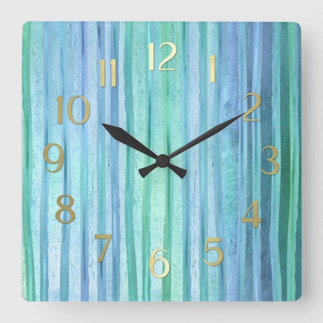 Blue and Green Stripes Square Wall Clock (Front)