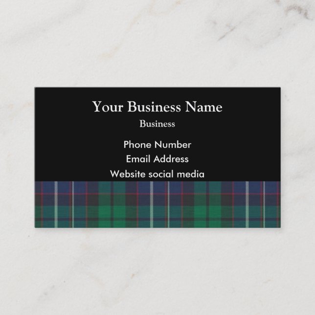 Blue and green tartan plaid on black business card (Front)