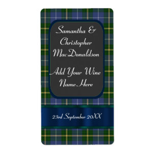 Blue and green tartan plaid wedding wine bottle