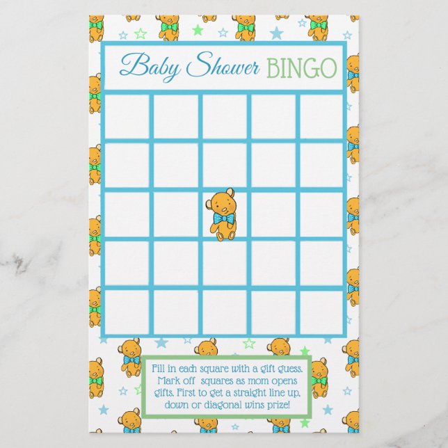 Blue and Green Teddy Bear  Boy baby shower games Flyer (Front)