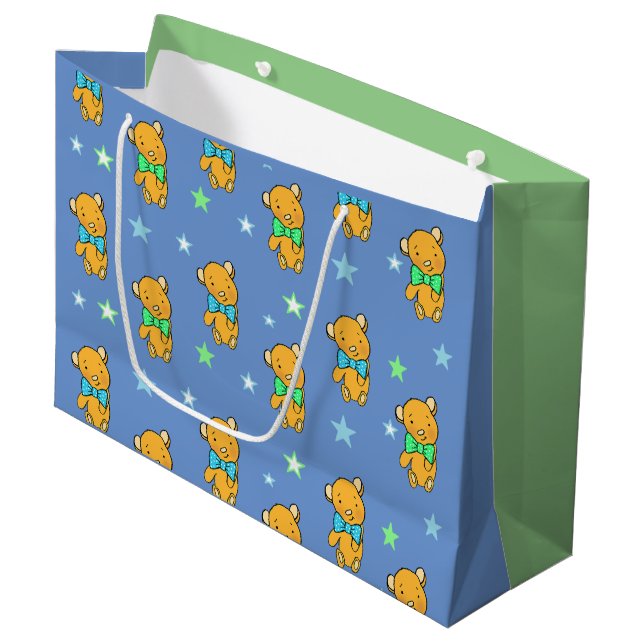 Blue and Green Teddy Bear Stars  Baby Shower Large Gift Bag (Front Angled)