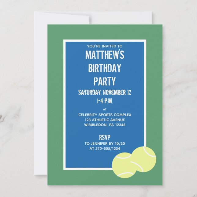 Blue and Green Tennis Court and Balls Party Invitation (Front)