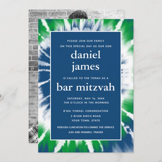 Blue and Green Tie Dye Bar Mitzvah  Photo Collage Invitation (Front/Back)