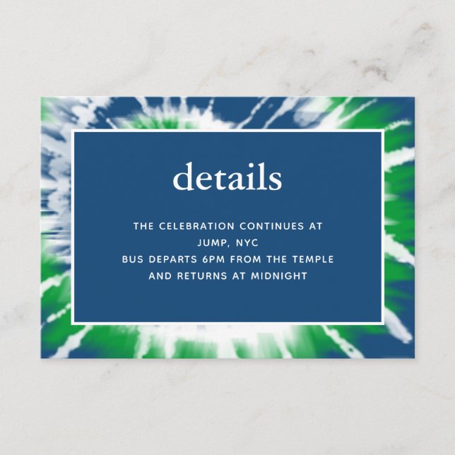 Blue and Green Tie Dye Mitzvah Details Reception Enclosure Card (Front)