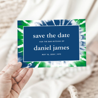 Blue and Green Tie Dye Save the Date Announcement