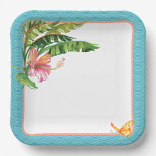 Blue and Green Tropical Leaves Floral Paper Plate